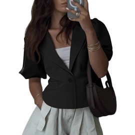 Cicy Bell Womens Puff Short Sleeve Blazers Business Casual Button Down Lightweight Suit Jackets Black