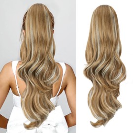 CHRSHN Ponytail Extension, Drawstring Ponytail Extension for Women 26 Inch Long Wavy Pony Tails Hair Extensions Synthetic Clip in Ponytail Hairpiece for Women Brown Mixed Blonde