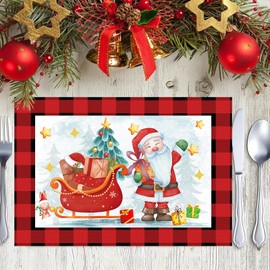 Christmas Placemats Set of 4, Seasonal linen Xmas Santa Claus Christmas Tree Placemats Merry Christmas Snowman Elk Placemats Farmhouse Indoor Kitchen Dining Table Decoration for Home Party,12x18In