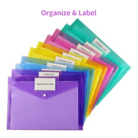 Sooez 6 Pack Folders Plastic Envelopes, Clear Plastic File Folder for Document, Letter A4 Size Poly File Envelopes with Label Pocket, Snap Button for Home Work Office Organizer, 6 Colors