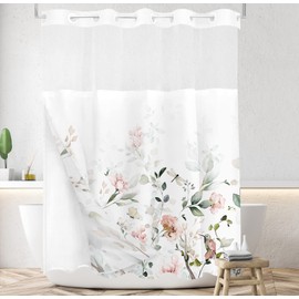 Tititex No Hooks Snap in Liner Aesthetic Blooming White Flowers Pink Bird Shower Curtain Sets, Hotel Luxury Double Layers Waterproof Fabric & See-Through Top Window Bathroom Decorative 72x78 Inch