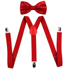 ICObuty Men's Bow Tie and Y Shape Suspender Set Adjustable Elastic Solid Color (Red)