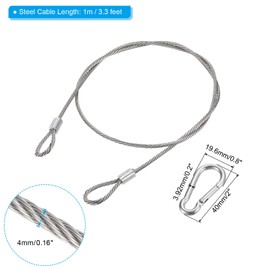 PATIKIL Stainless Steel Safety Cable 39"/100cm, 2Pcs 4mm Security Wire Rope Lock Double Loops with Hook for Stage Lighting Luggage, Silver