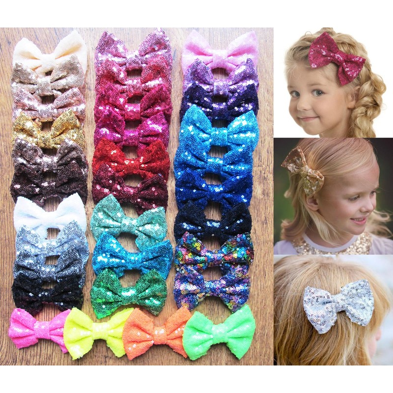 PrettyBoutique 4 Inches Girls Sequin Glitter Sparkle Hair Bow Clip