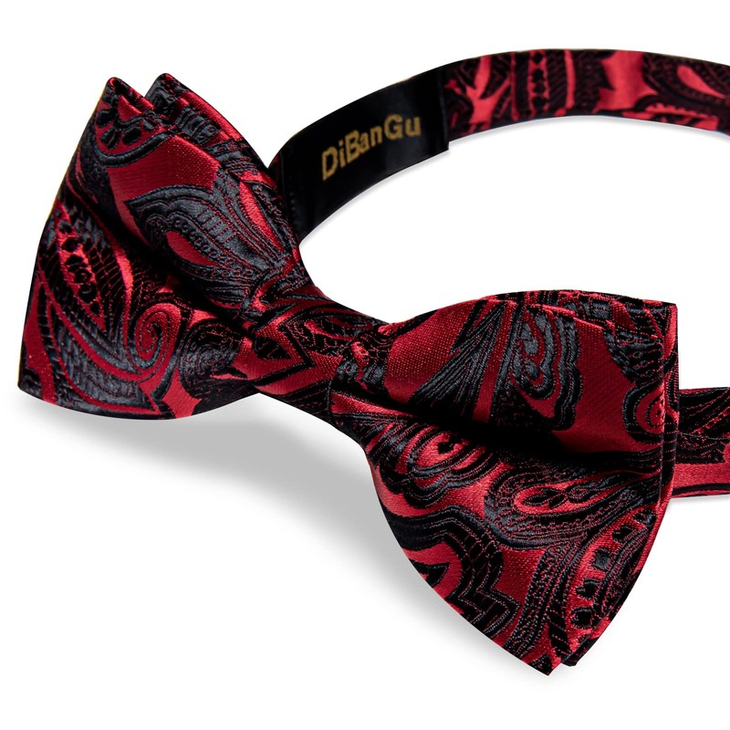 DiBanGu Silk Black and Red Paisley Pre-Tied Bowtie Adjustable Bowtie