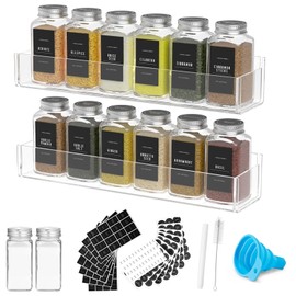 PMMASTO Adhesive Acrylic Spice Rack Organizer with 12 Empty Square Spice Jars, 238 Spice Labels with Chalk Marker and Funnel Complete Set for Kitchen Cabinet/Pantry Door (Clear - 2 Pack)
