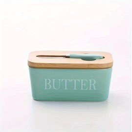 Domini Large Butter Dish,Ceramic Butter Dish with lid and knife, Butter Keeper Double Silicone Seals, Perfect for 2 Sticks of Butter,baby blue