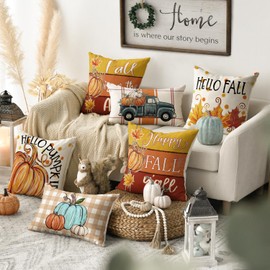 AVOIN colorlife Happy Fall Y'all Pumpkin Maple Leaves Pillow Covers, 18 x 18 Inch Fall is in The Air Seasonal Thanksgiving Harvest Cushion Case Decoration for Sofa Couch Set of 4