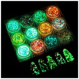 Brillo en la Oscuridad Cuerpo Cara Purpurina Gel 12 Colores Luminosos Autoadhesivo UV Negro Luz Iridiscente Chunky Glitter para el Cabello / Sombra de Ojos Carnaval Fiesta de Halloween Maquillaje (Multicolor)