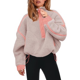 Panadila Womens Quarter Zip Fleece Pullover Sherpa Jacket Oversized Sweatshirt with Pockets Fuzzy Sweater (Khaki Pink Combo,M)