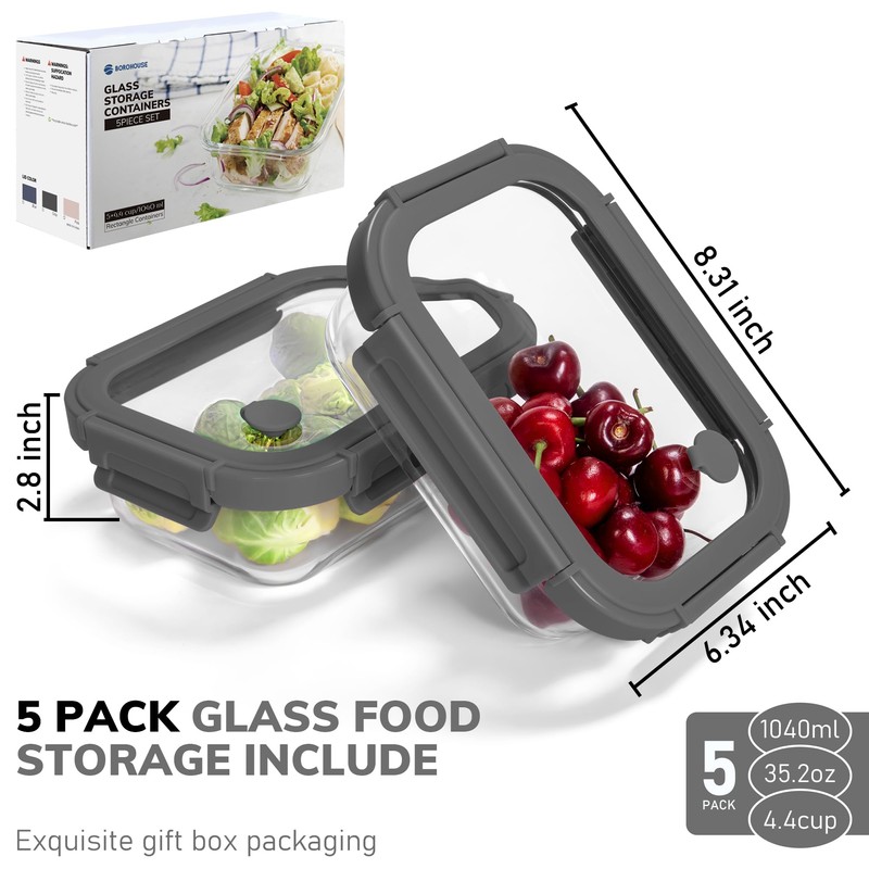 BOROHOUSE 5-Pack Borosilicate Glass Containers with Tempered Lids, 35.2oz/4.4 Cup