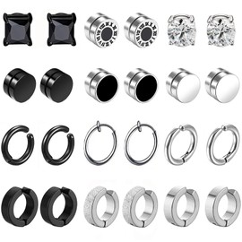 12 Pairs Magnetic Earrings Men Women Stainless Steel Hoop Earrings CZ Magnet Non Penetrating Clip Magnetic Stud Earrings Clips Nickel Free Tunnel Ear Clips Non Piercing Earrings Set Silver Black, 不