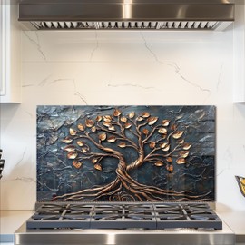 fzxwyishu Tree of Life,Tempered Glass Backsplash For Kitchen Behind Stove,Easy to Clean Kitchen Sink Cover Splash Guard, Home Kitchen Décor (grey, 30"x16"(76.2x40.64cm))