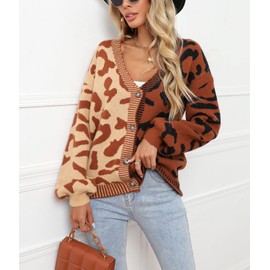 chouyatou Women's Color Block Leopard Print Button Down Long Sleeve Cardigan Sweaters (X-Large, Brown)