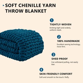 L'AGRATY Chunky Knit Blanket Throw: 60''x80'' Chenille Chunky Knitted Throw Blanket for Bed Couch - Handmade Thick Big Cable Knit Blanket - Large Crochet Rope Blanket for Home Decor(Blue)