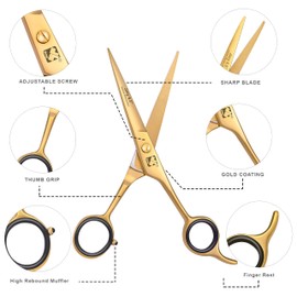 Jimy Professional Hair Scissors 6.5" Stainless Steel Sharp - Smooth Razor Edge Series Shears for Hair Cutting, Hair Cut Scissor for Women & Men and Salon (Gold Barber Scissors)