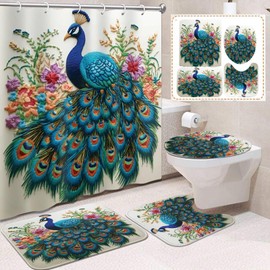 Boewywh 4 Pcs Bathroom Sets with Shower Curtain and Rugs, Colorful Feathers Peacock, Bath Decor Nature Floral Flower Bird Shower Curtain Sets for Bathroom Decor with 12 Hooks