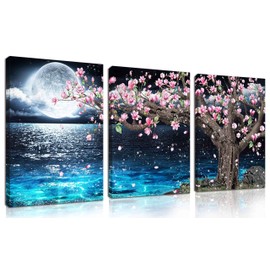 HUBOSKN Blue Ocean Wall-Art - Pink Wall Decor for Office - Tree Wall Art for Living Room Moon 3 Pieces Canvas Art Picture 16x12 Inches