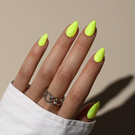 KQueenest Neon Lime Green Press On Nails Short - Acrylic Press On Nails Almond, Sheer Bright Lime Green Fake Nails with Glue, Vibrant Opaque, Stiletto Reusable Soft Gel Glue on Nails for Women, 30 Pcs