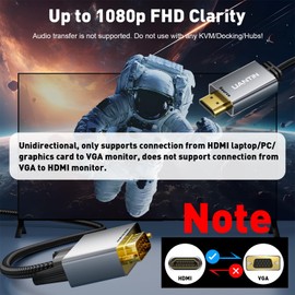 UANTIN - Adaptador de cable HDMI a VGA de 10 pies, conectores chapados en oro antiinterferencia, fuente HDMI de aluminio 1080P a visualización VGA, cable trenzado (macho a macho) para PC, portátil,