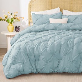 BEDELITE Light Blue Queen Comforter Set - 3 Pieces Boho Pintuck Bedding Comforter Sets, Lightweight Soft & Warm Bed Comforter Queen with 2 Pillowcases for All Season