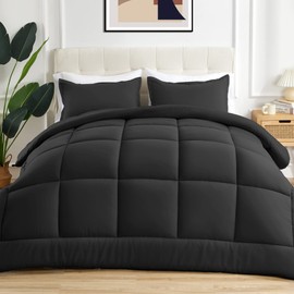 Sonive All Season Comforter Soft Fluffy Breathable Microfiber 200gsm Down Alternative Bedding Duvet Insert with 8 Corner Tabs Easy Care (Black, Full)