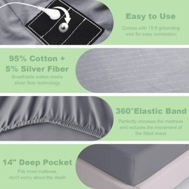 Grounding Fitted Sheets Grounding Sheets with Grounding Bed Sheets for Healthy Sleep Therapy with 15ft Cord (Gray, Queen)