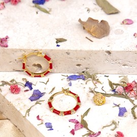 Tuscany Silver Women's Sterling Silver Yellow Gold Plated 2mm Round White CZs 20mm Red Enamel Hoop Creole Earrings