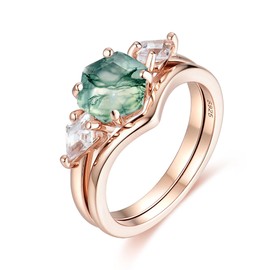 ITI KUOLOLIT Natural Moss Agate Gemstone Genuine 925 Sterling Silver Ring for Women Hexagon Cut Women's Ring Set for Engagement Wedding Jewelry, Agate