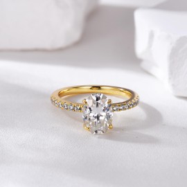 Blueeve 2ct Oval Moissanite Sidestone Rings for Women, D Color VVS1 Clarity Lab Created Diamond Rings 14K Yellow Gold Vermeil Solitaire Oval Engagement Ring for Women Wife Anniversary Jewelry Gifts