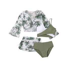 Verdusa - Conjunto de bikini entrecruzado de 4 piezas para niña con estampado tropical, Verde, blanco, 8 Años