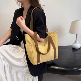 Canvas Tote Bag Women's Large Shoulder Bag with Zipper and Pockets for Student Work Travel Shopping (canary yellow)