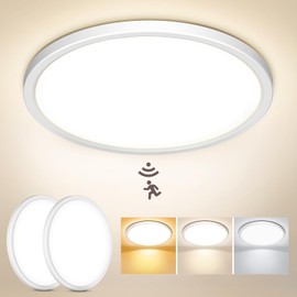 NIBSHOOM LED Ceiling Light with Motion Sensor, 2 Pieces, 3000 K/4000 K/6500 K, 18 W, IP44 Waterproof, Indoor Ceiling Light for Hallway, Bathroom, Stairs, Balcony, Garage