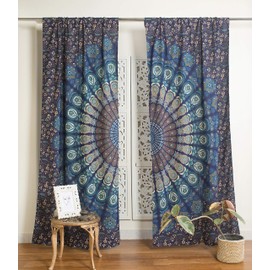 Popular Handicrafts Indian Hippie Bohemian Style Beautiful Peacock Mandala Printed Curtains Panels Blue Tare