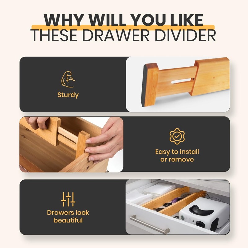 Palok Kisna Adjustable Bamboo Drawer Dividers, Drawer Organizer for Kitchen,