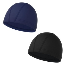 2 Pcs Swimming cap Elastic & Lightweight Kids Swimming Cap Comfortable Fabric Swimming Hats for Women Men Kids and Adults Swimming Hat Kids 6-14 Boys Girls(Black + Blue)