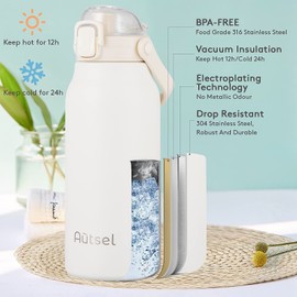 Autsel 1.7L Stainless Steel Water Bottle with Straw Large Metal Water Bottles Flask with Handle Double Walled Insulated Sports Water Bottle Leakproof for Gym Sports