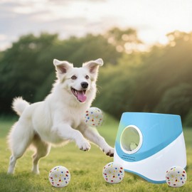 MEKAPLE Automatic Dog Ball Launcher for Samll to Medium Dogs, Upgraded Interactive Toy Balls Thrower, Distance Adjustable Mental Stimulating Dog Toys with 4 Etpu Balls 2.2 Inch (Blue)