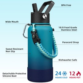 BJPKPK 32oz Insulated Water Bottles with 3 Lids, Paracord Handle & Non-slip Boot, Stainless Steel Metal Water Bottle,Reusable BPA Free Thermal Flasks, Tumblers, Vast