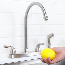 HOTIS Kitchen Faucet with Side Sprayer, 2 Handle 3 or 4 Hole Kitchen Sink Faucets 8 Inch RV Kitchen Faucet with Supply Lines, 360 Swivel Kitchen Faucet Brushed Nickel, HT-KF201