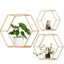 Hexagon Wall Shelf Metal Set of 3 Decorative Hanging Shelves Loft Wall Shelf Shelves for Wall Decoration in Living Room, Bedroom, Bathroom, Café and Hotel