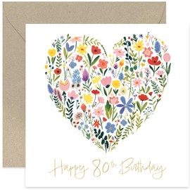 Old English Co. Wonderful 80th Birthday Card for Her - Floral Heart Painting Gold Foil Card - Cute Birthday Card for Female - 80 Years Old Birthday Card Gifts - Flower Card | Blank Inside Envelope