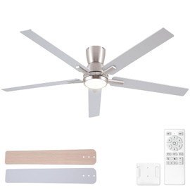 Sevenine 60 Inch Flush Mount Brushed Nickel Ceiling Fans with Lights and Remote, Low Profile Nickel Ceiling Fans for Bedroom Living Room Patio Porch, Quiet 6 Speed Reversible DC Motor, 3CCT, Dimmable