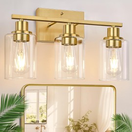 Indoi 3-Light Vanity Lights with Clear Glass Shades, Brushed Gold Bathroom Light Fixtures Over Mirror, Modern Bathroom Wall Lamp for Mirror Living Room Cabinet Bedroom Porch