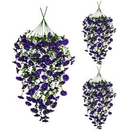 Artificial Hanging Fake Flowers Plants Outdoor, Realistic Faux Silk Morning Glory Flowers, Artificial Petunia UV Resistant Outdoor Plants, Faux Vines Plant for Balcony Patio Decor (Purple, 6PC)
