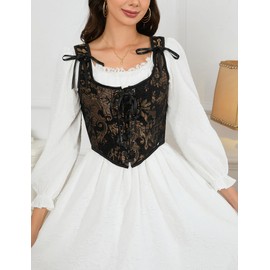 KOJOOIN Women's Vintage Floral Corset Lace-Up Fishbone Print Vest Renaissance pirate costume Black gold M