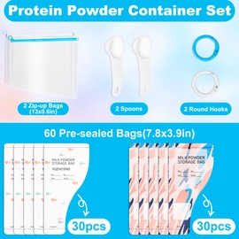 Bettoor 66Pcs Protein Powder Travel Container Set, 2 Styles 60 Disposable Pre-sealed Bags To Go, Funnel-shaped Leakproof Design for Gym, Workouts, Travel, with 6pcs Storage Pouchs, Scoops, Hooks