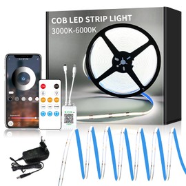 Yeewhale Cob LED Strip 5 m, App Control, with Remote Control, DC24 V 6000 K White LED Strip, Flexible Dimmable COB LED Strip, Applicable to Bedroom, Room, DIY Decoration
