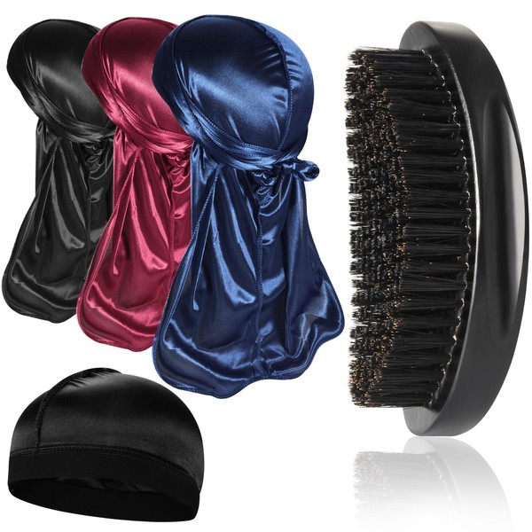 3pcs Silky Durag with Wave Brush for Men 360, Curved Medium/Hard Hair Brush Kits,C