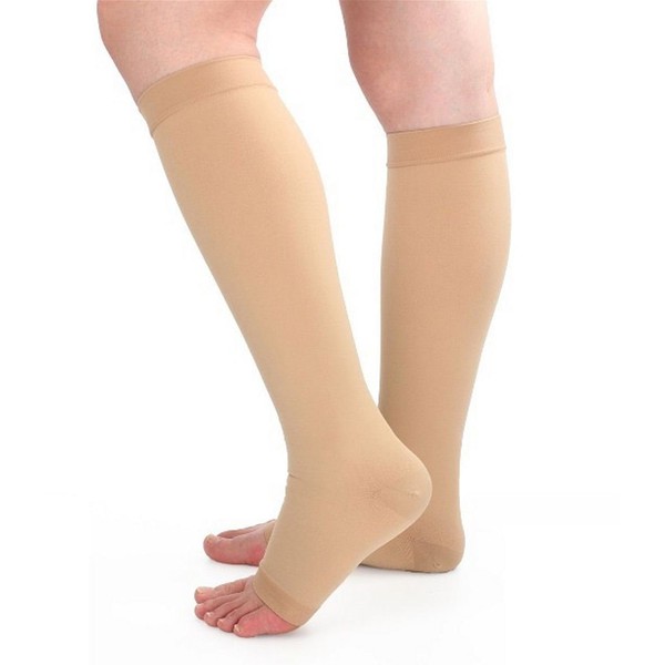 Runee Open Toe Compression Sock 20-30 mmHg Knee High Calf Support (2XL, Beige)